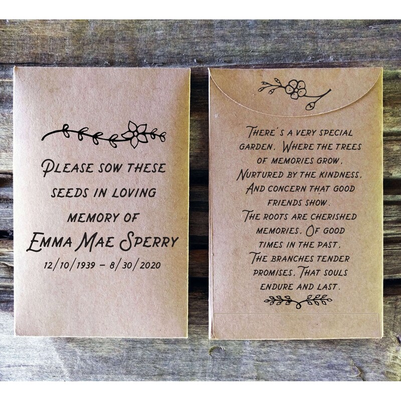 Memorial Seed Packet Favors, Personalized Celebration of Life, Funeral Remembrance, Custom Seed Packets, Sympathy Gifts, Set of 25